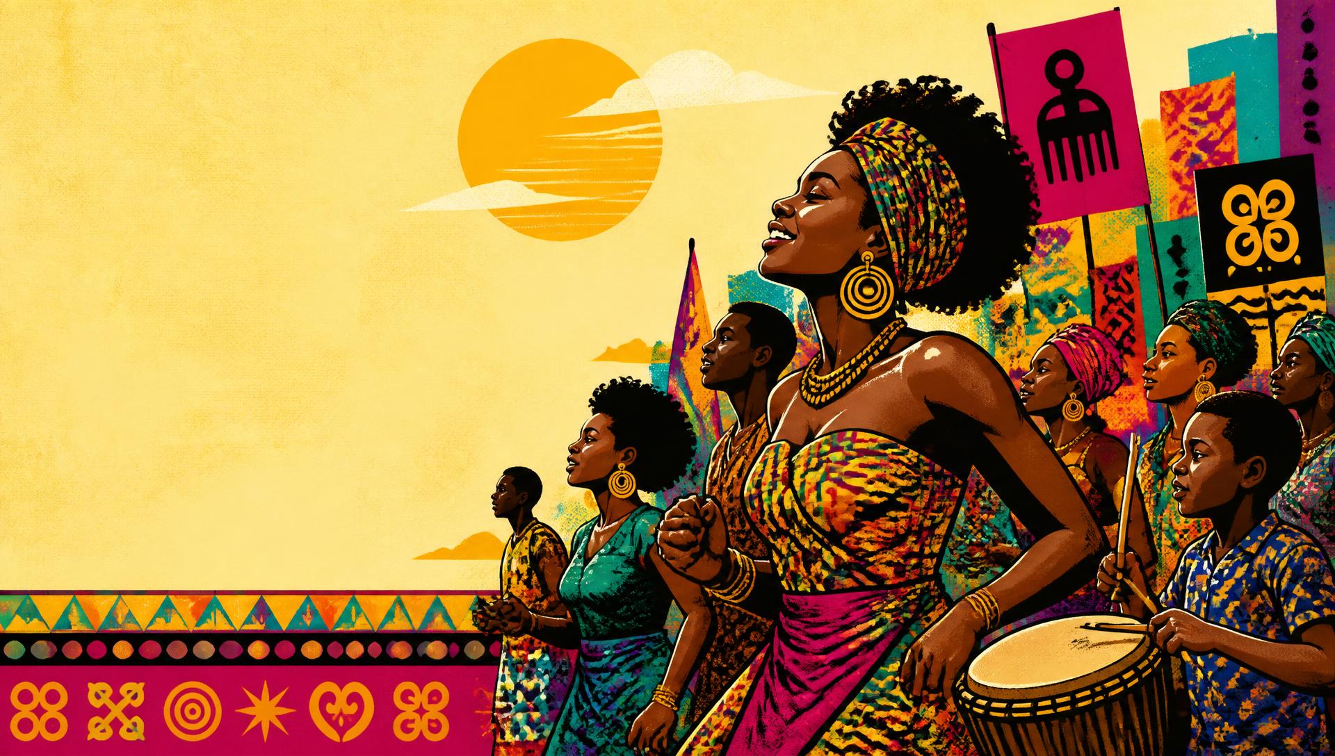 Bright diaspora art mural of figures in procession